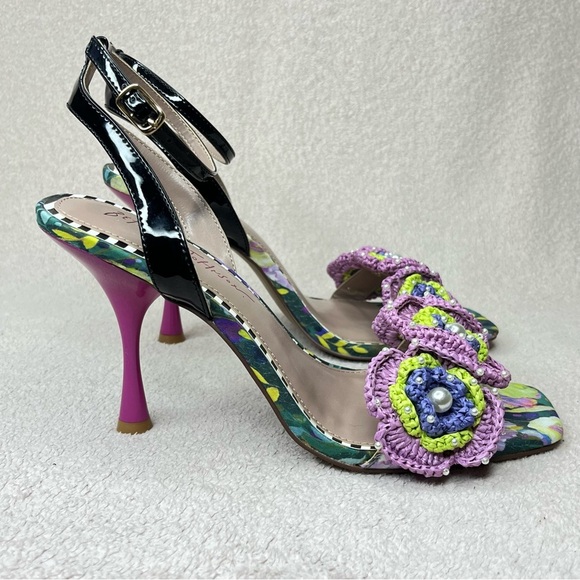 Betsey Johnson Ainsleyy Macrame Flower Sandal Heels-Womens 9-Pink/Green/Blue/Blk - Picture 3 of 14